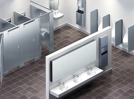 Restroom divider panels are designed, engineered, and manufactured by fully integrated solution providers, as illustrated in this modern image.